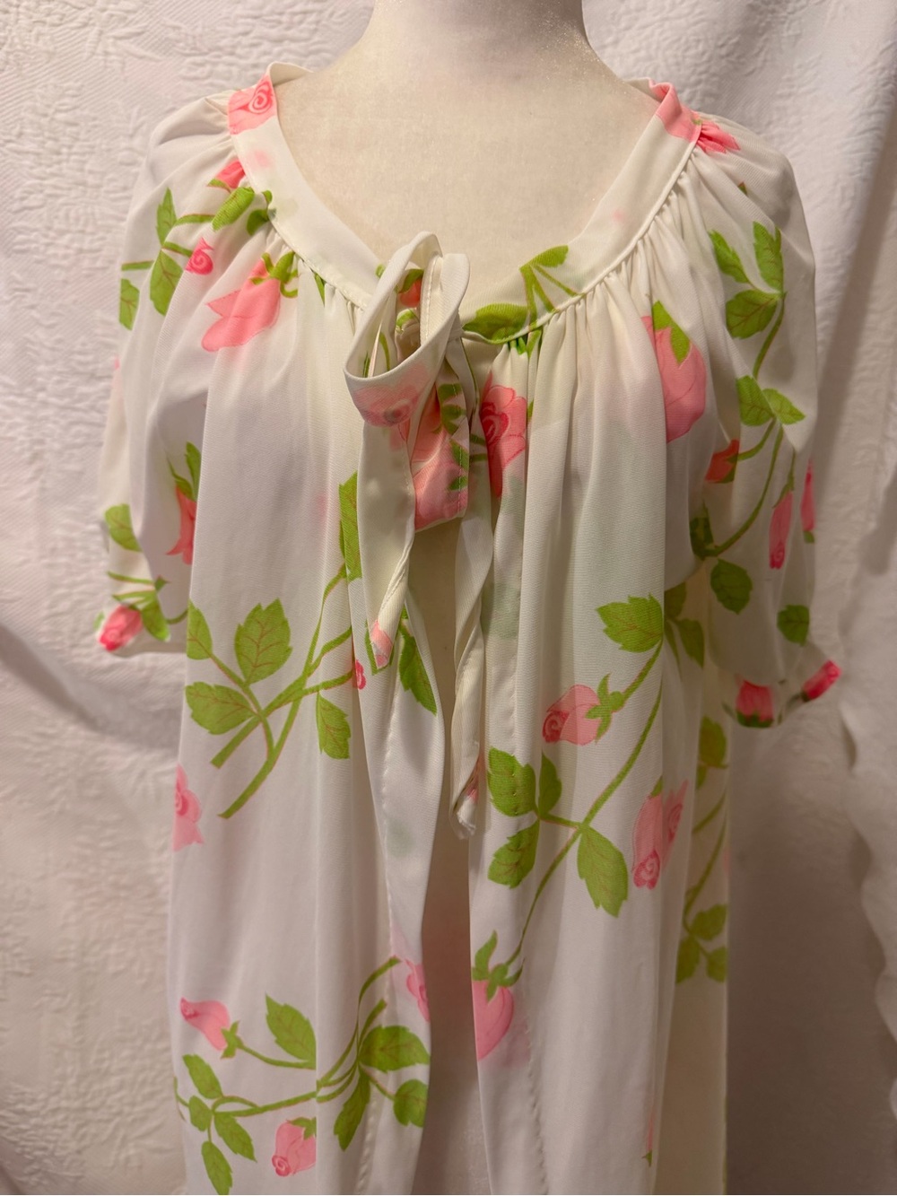 Vintage Floral Peignoir Robe Pink Rose Ivory Sheer Long Dressing Gown Cottagecor - Picture 7 of 14